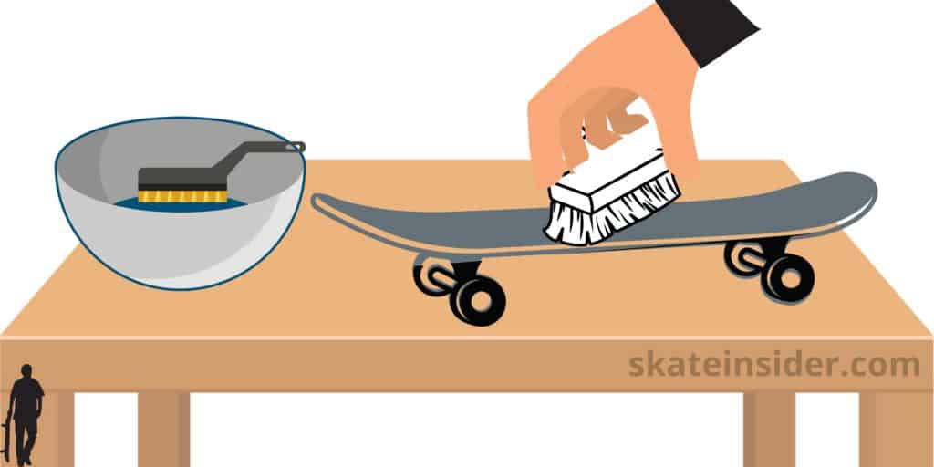 how to clean skateboard with brush, toothbrush, household brush, dishwashing brush