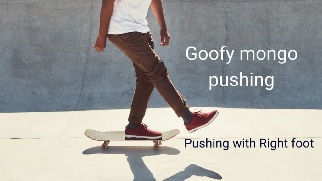 goofy skater pushes mongo on a skateboard