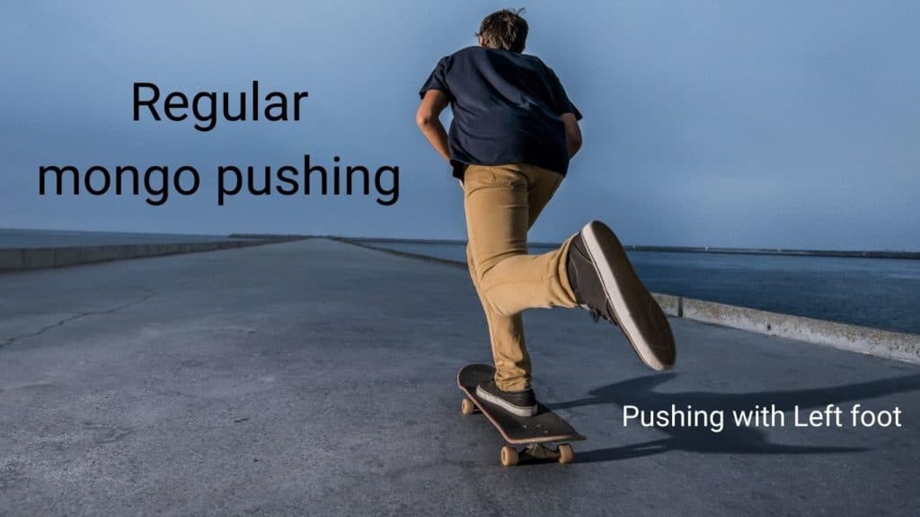 Regular skater push mongo on a skateboard 