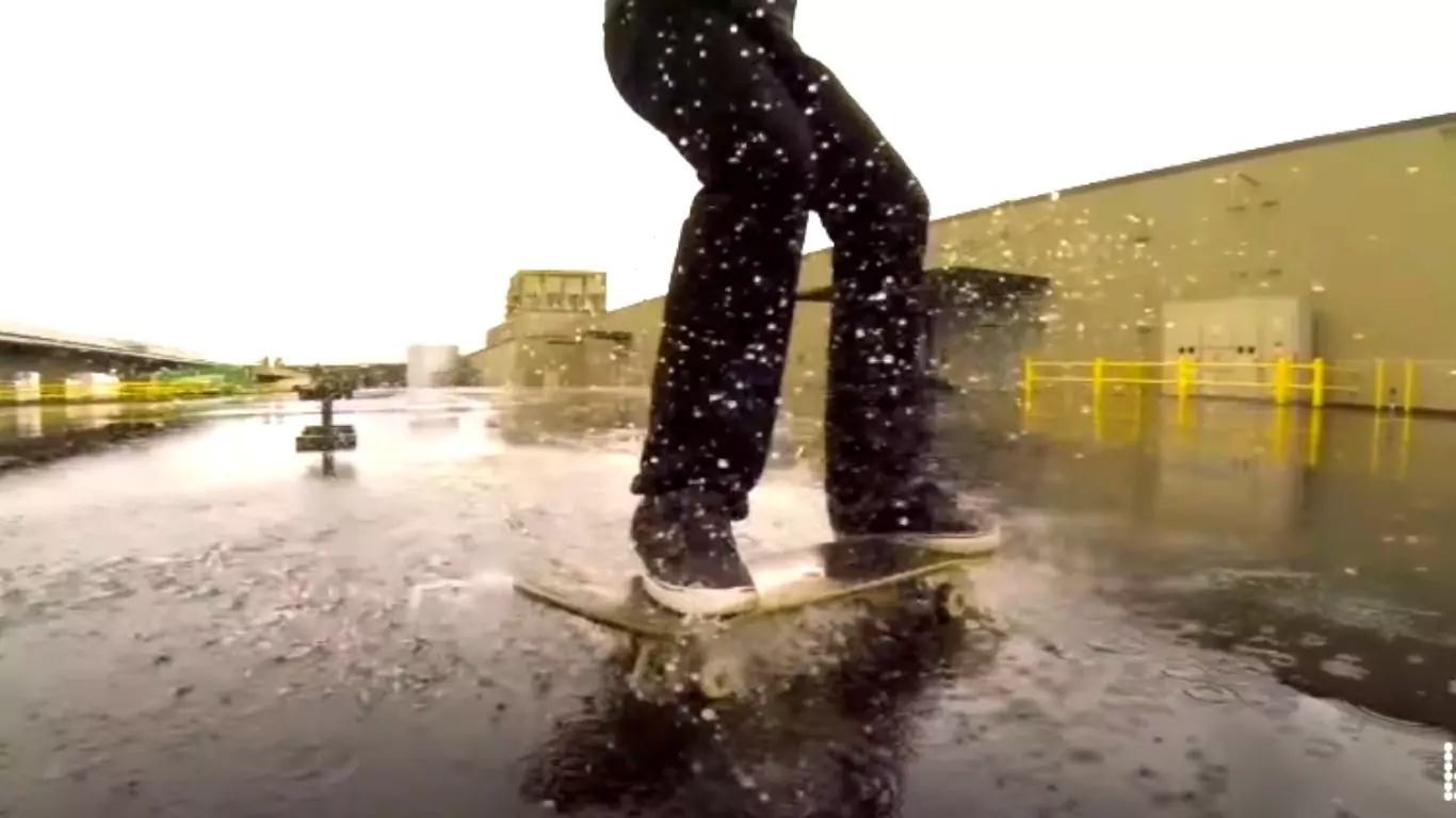 skateboarding on the rain, wet surface described