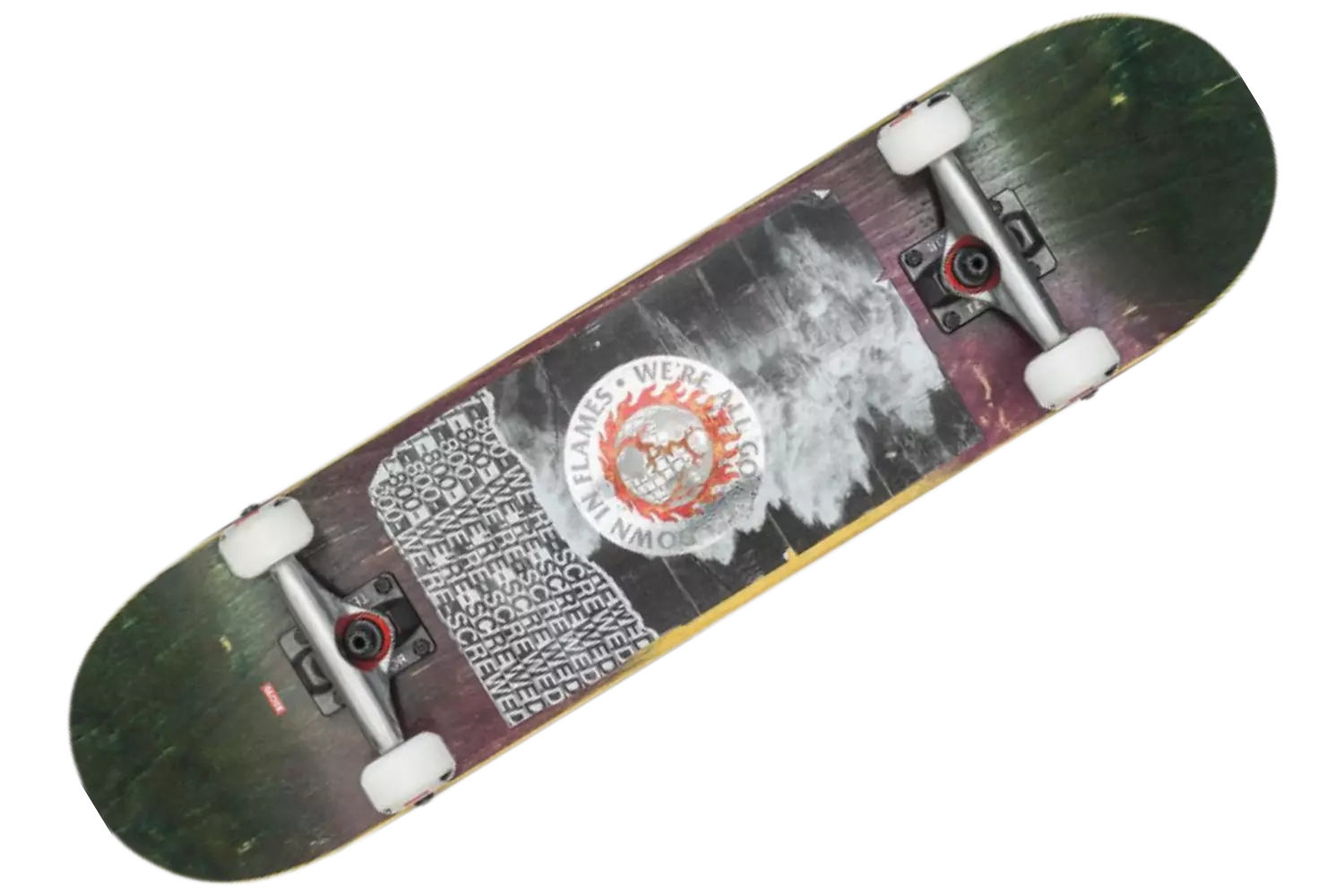 globe in flames skateboard comes with different deck design in the backdrop of a black and purple wooden background
